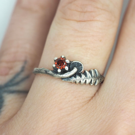 Tiny fern and mushroom ring with gemstone