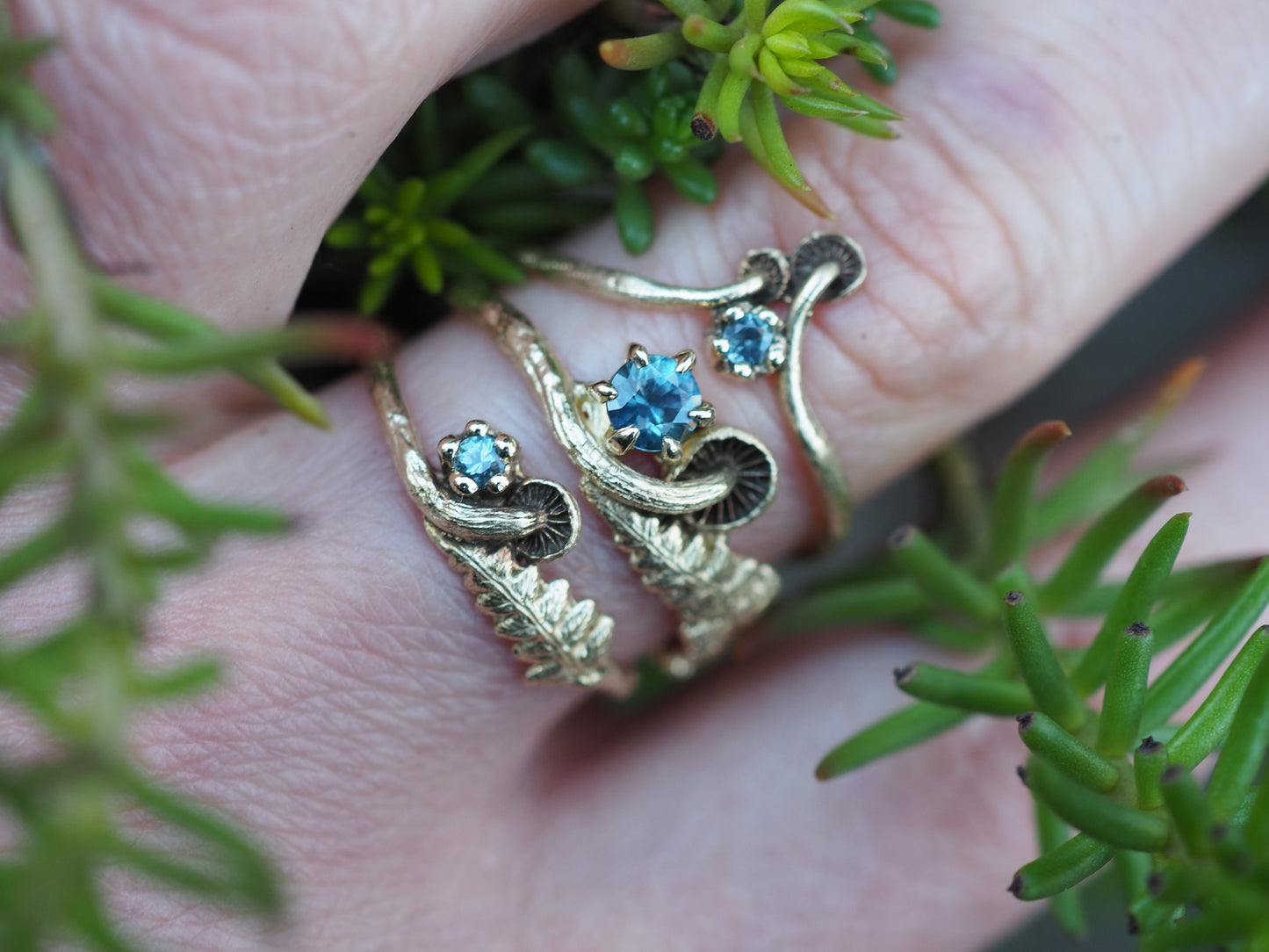 Mushroom and fern gemstone ring small