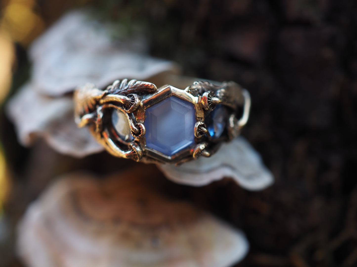 Blue Chalcedony and yogo sapphire hex ring payment plan for S