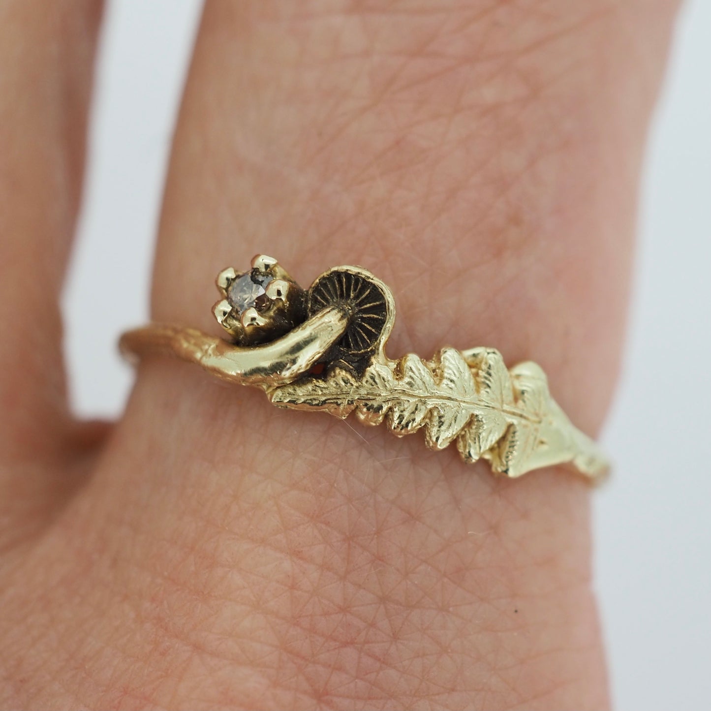 Mushroom and fern gemstone ring small