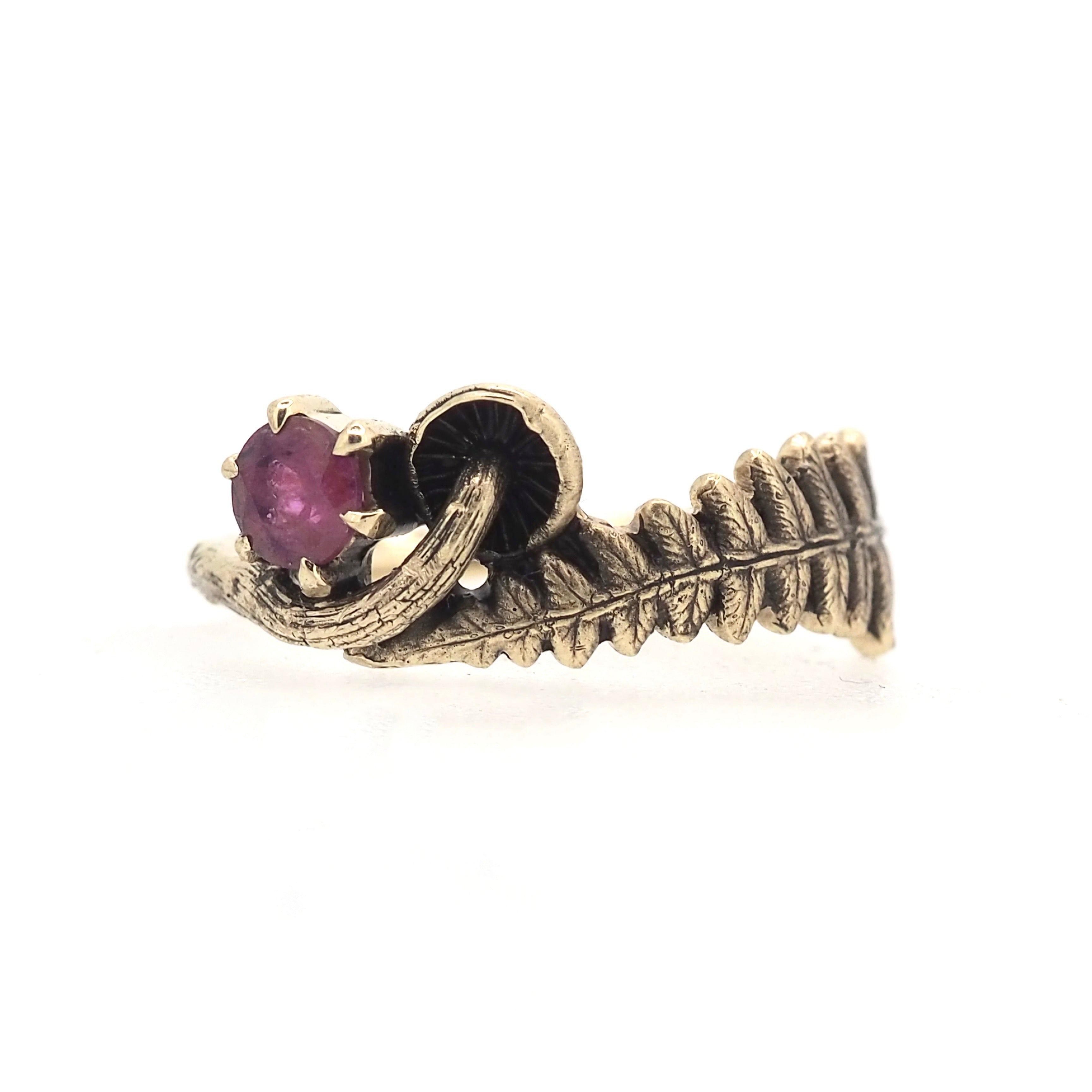 Fern and mushroom ring with ruby