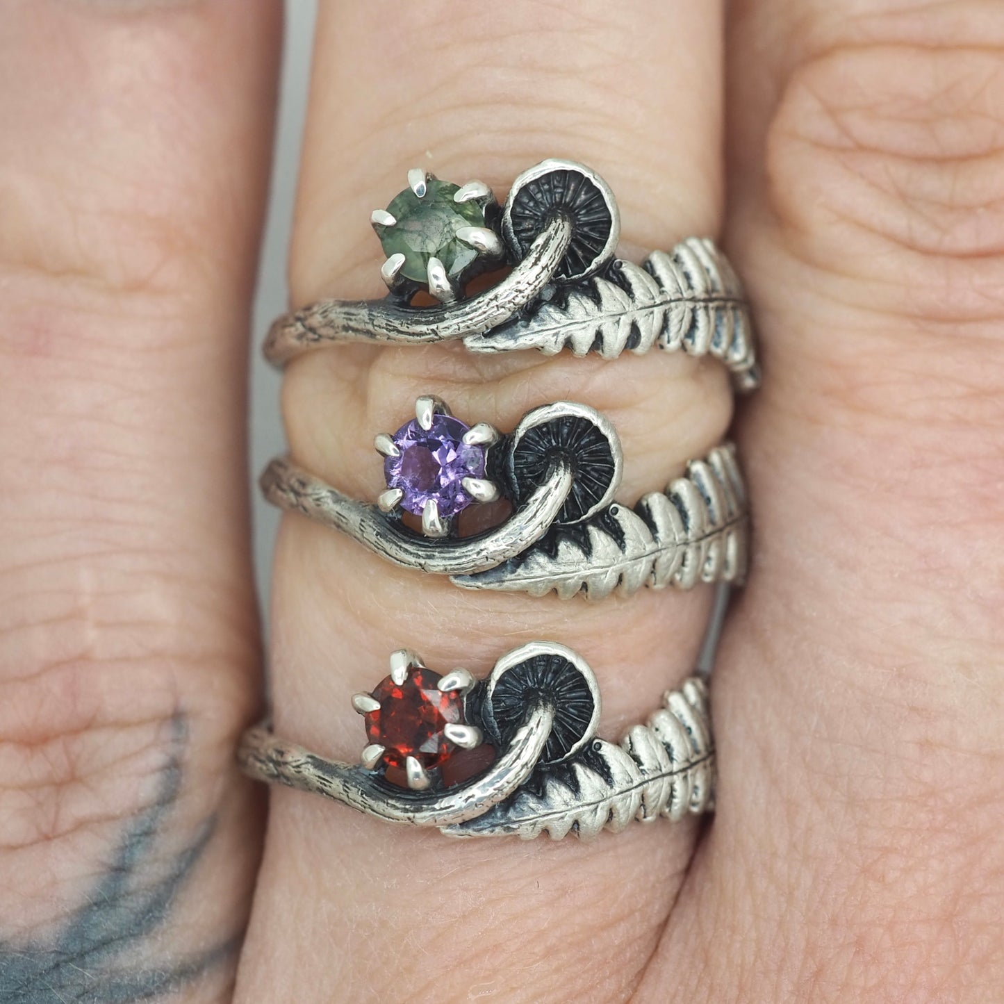 mushroom fern and gemstone ring