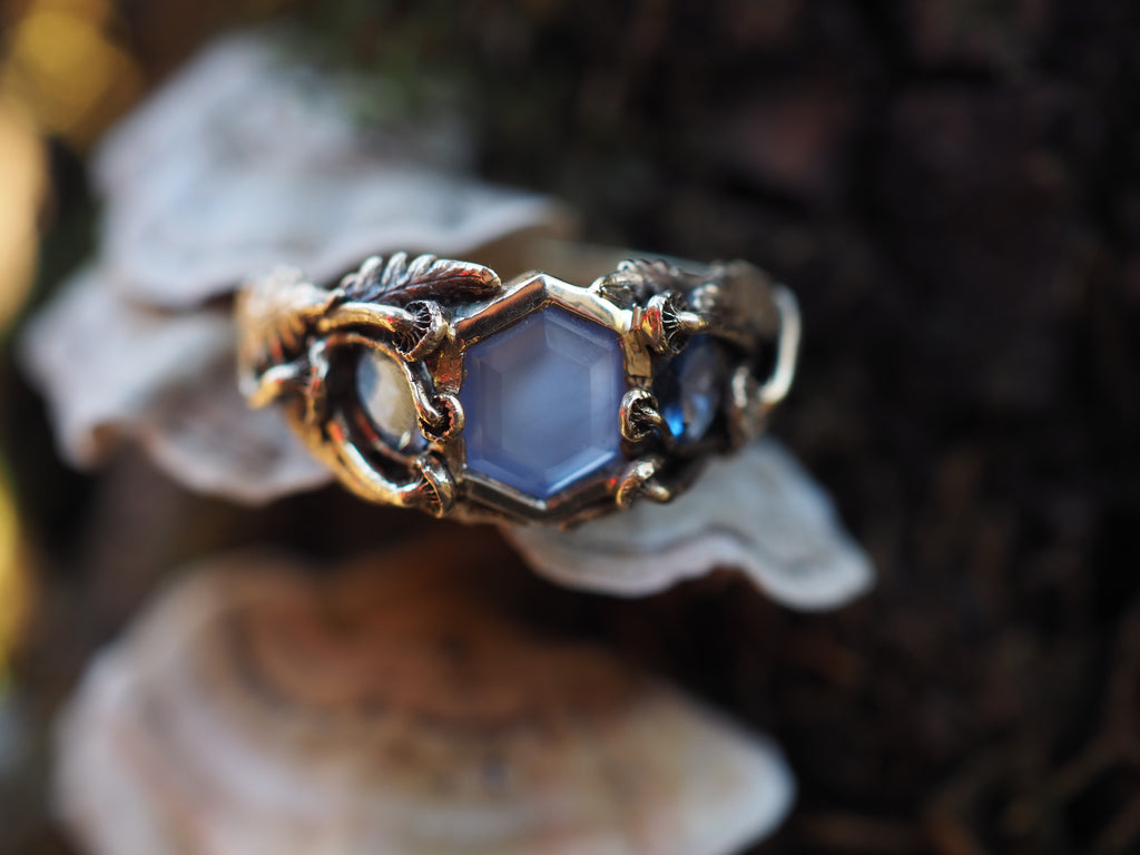 Blue Chalcedony and yogo sapphire hex ring